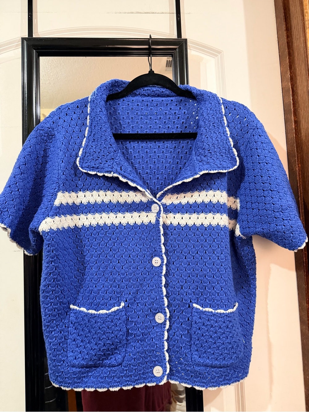 Blue Crochet Summer Short-Sleeve Button Cardigan Sweater with White Trim